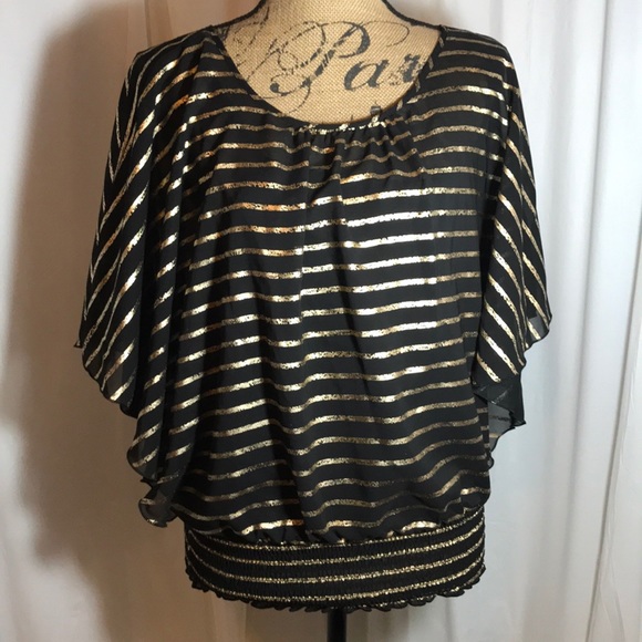 🆕 By and By Black Gold Striped Batwing Blouse Lrg - Picture 1 of 7